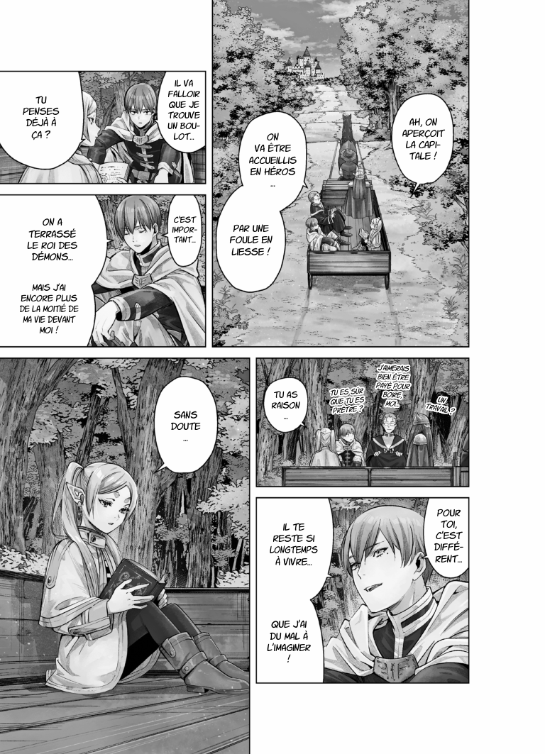 Première page d’histoire de l’extrait officiel français Ki-oon de Frieren tome 1 : le groupe revient vers la capitale après sa victoire