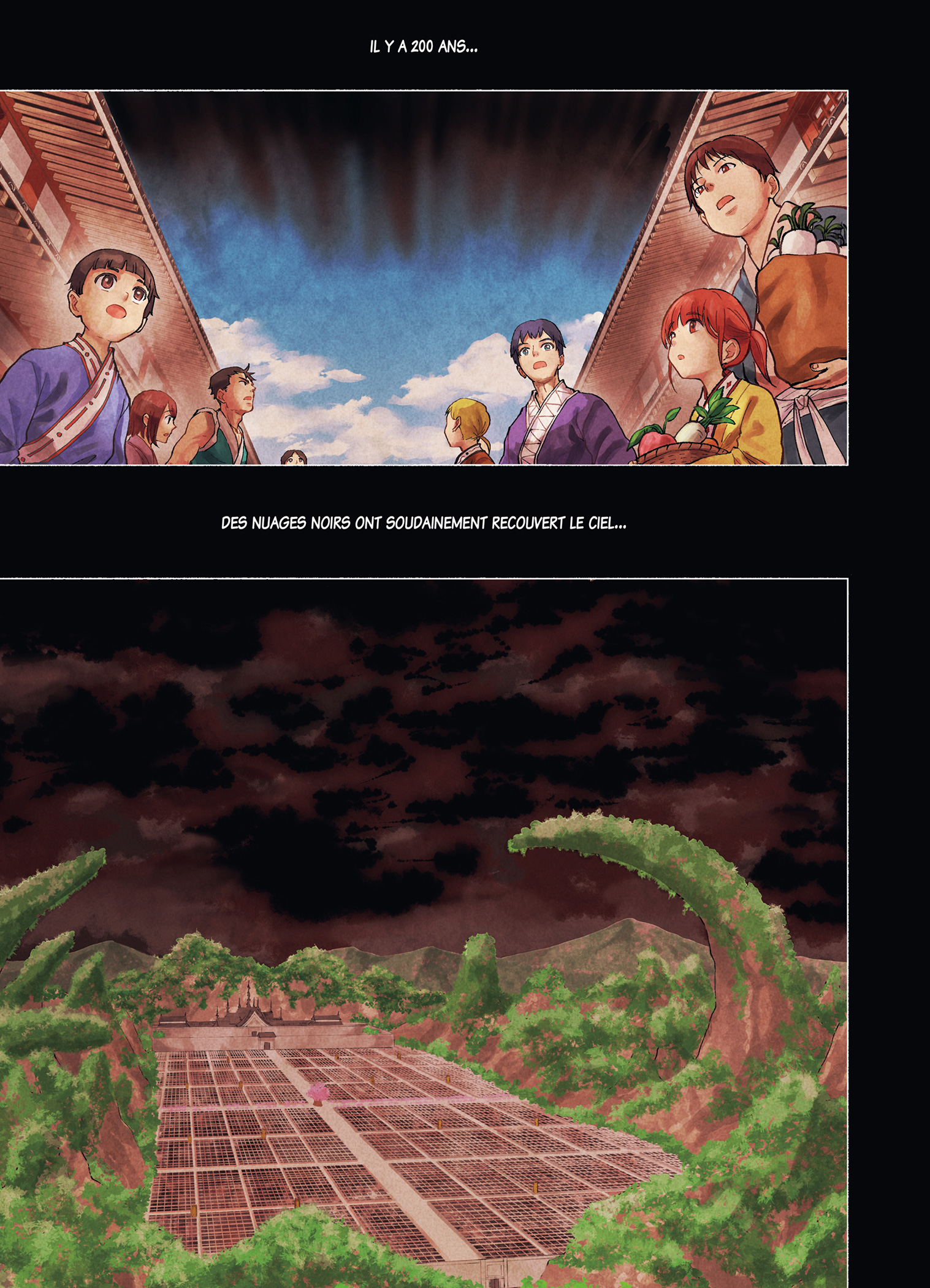 Première page de l’extrait officiel en ligne de Shinju, avec le ciel couvert de nuages au-dessus du village.
